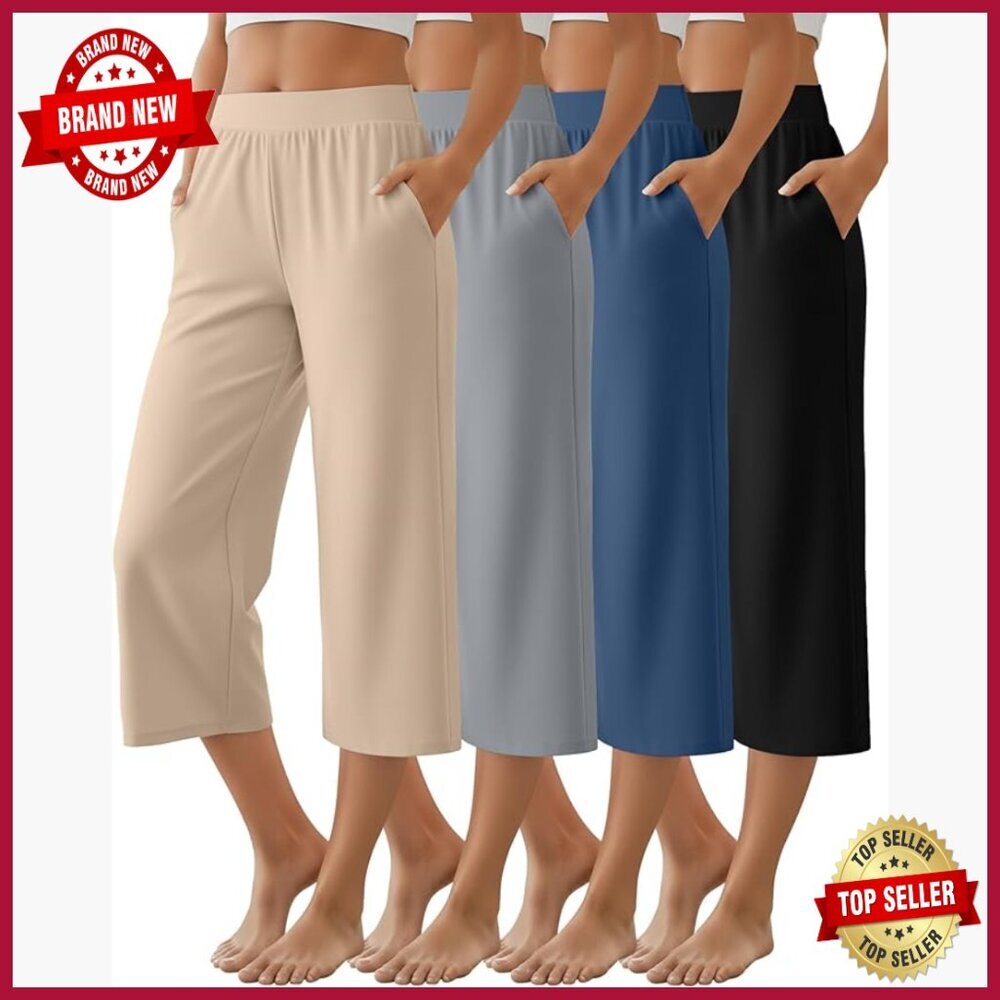 4 Pack High Waist Wide Leg Capri Yoga Sweatpants with Pockets Lounge Pants